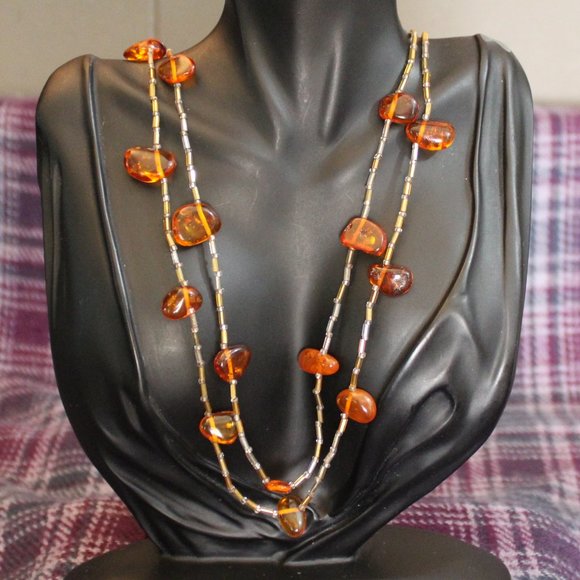 Extra Long Large Amber Chunks Glass Bead Necklace 70 INCHES